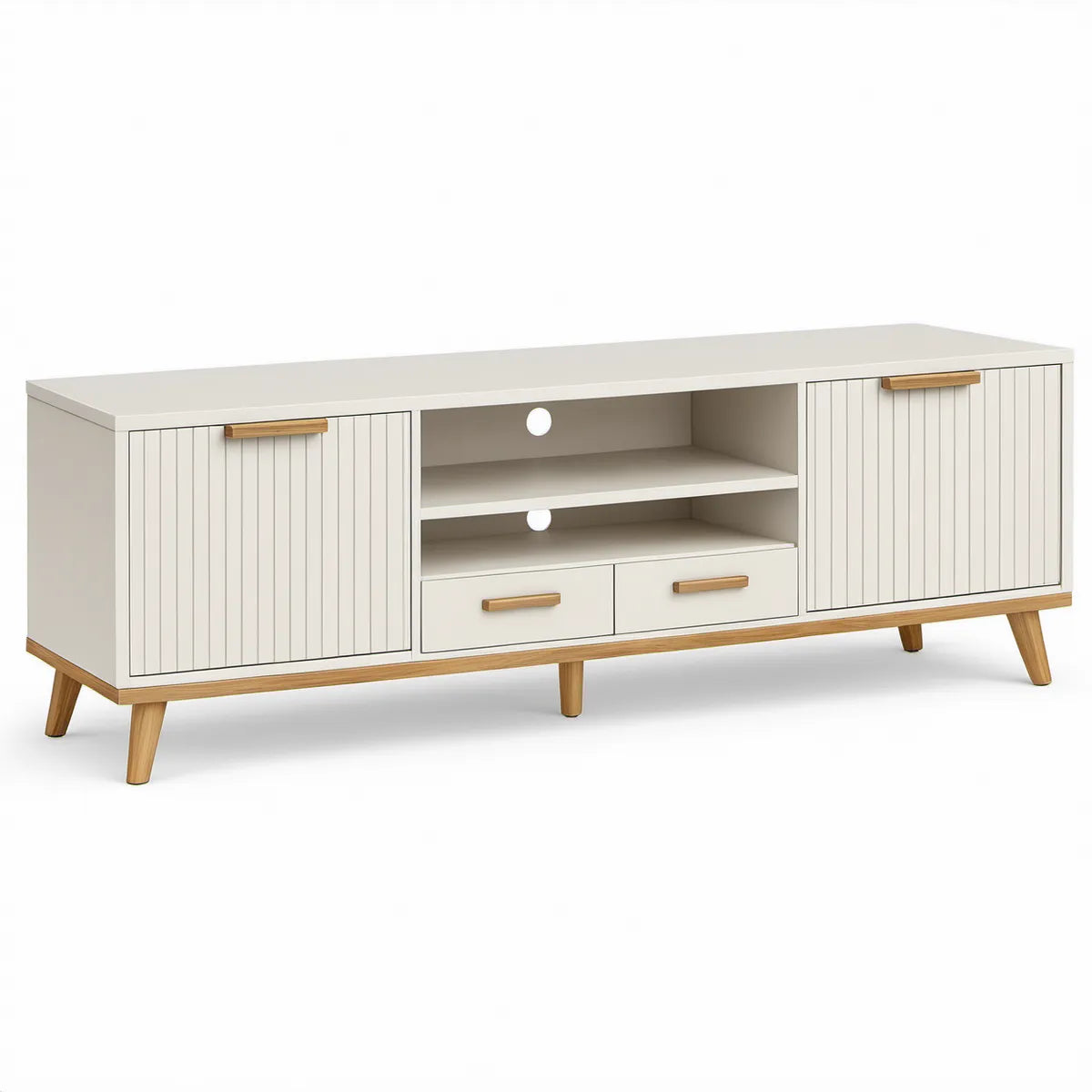 TV-Lowboard 160 x 40 x 65 cm aus Spanplatte in Weiss mit Naturholzdetails