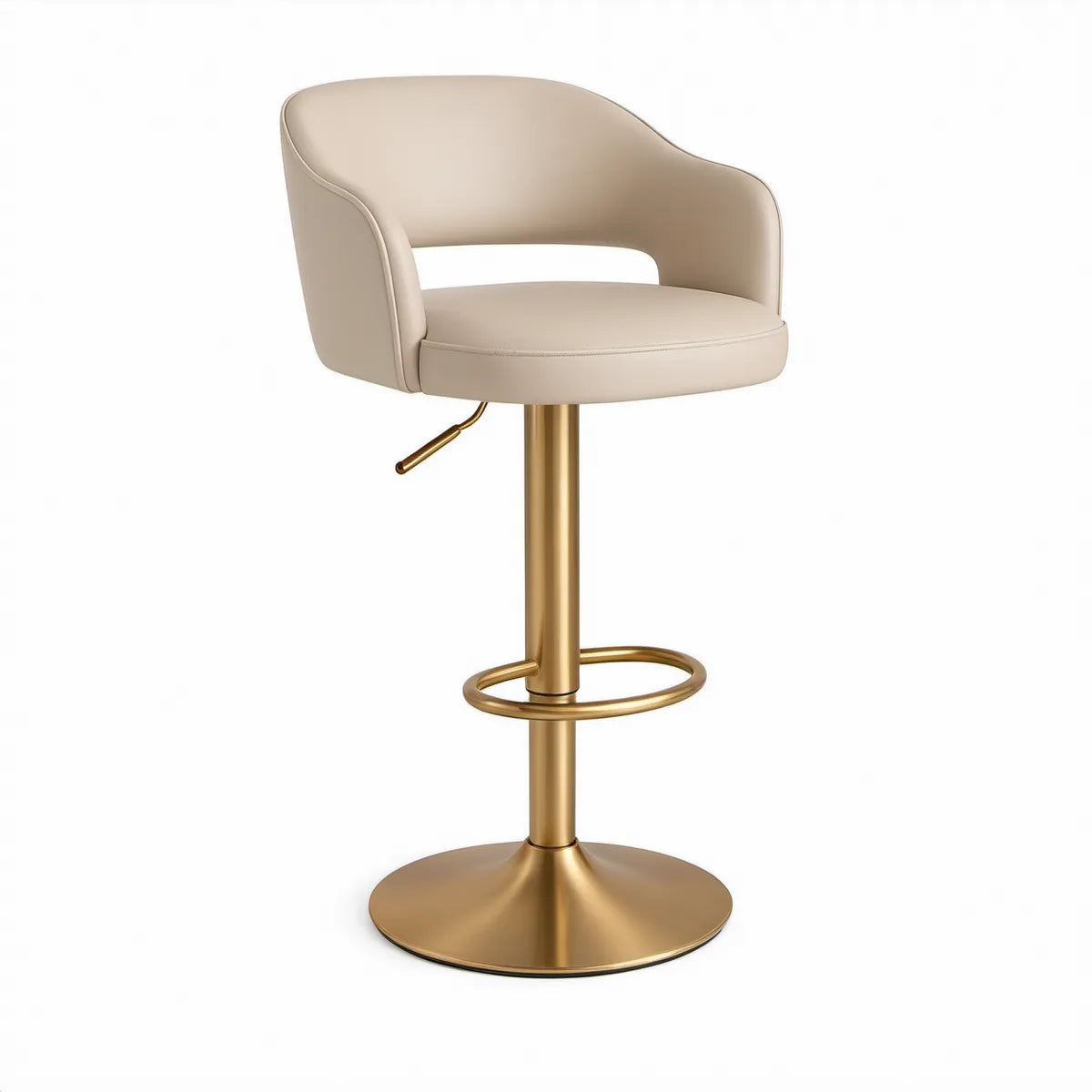 Höhenverstellbarer Barhocker mit Rückenlehne und Armlehnen, PU-Kunstleder Beige, Stahlgestell Goldfarben, 50 x 52 x 89–111 cm