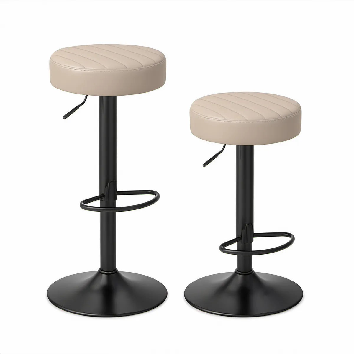 2er-Set höhenverstellbare Barhocker mit Kunstlederbezug Beige/Schwarz, Sitzhöhe 60–82 cm, Ø 38 cm