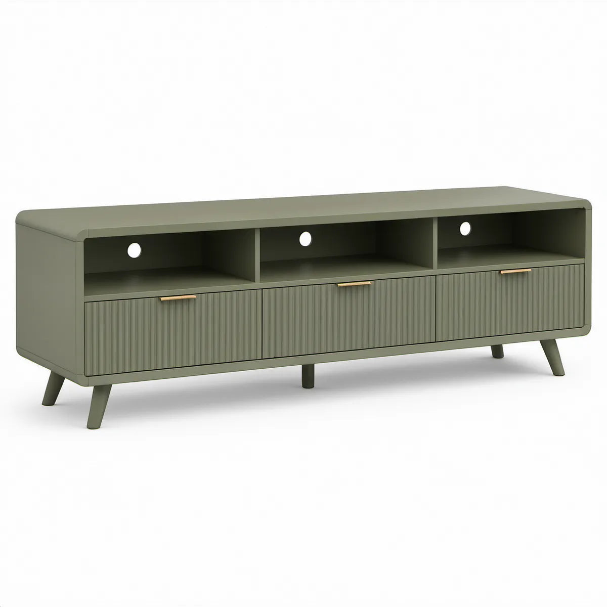 TV-Lowboard 160 x 40 x 55 cm aus MDF in Olivgrün/Gold mit 3 Türen und Kabeldurchführungen