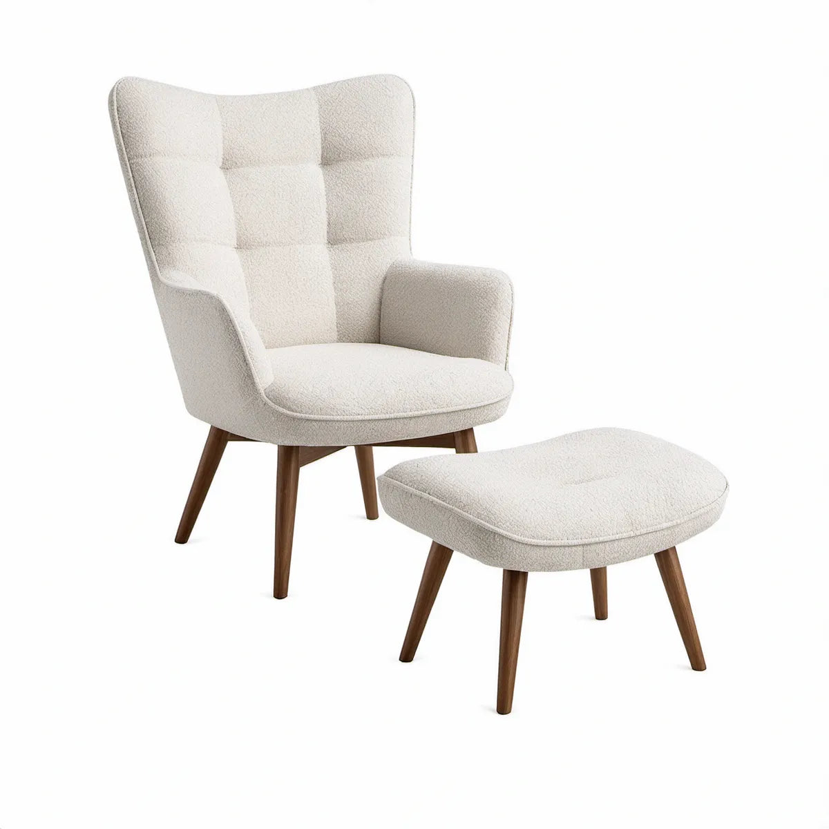 Ohrensessel mit Fusshocker, Bouclé-Polyester Beige/Dunkelbraun, Sessel 73 x 81 x 105 cm, Fusshocker 60 x 45 x 42 cm