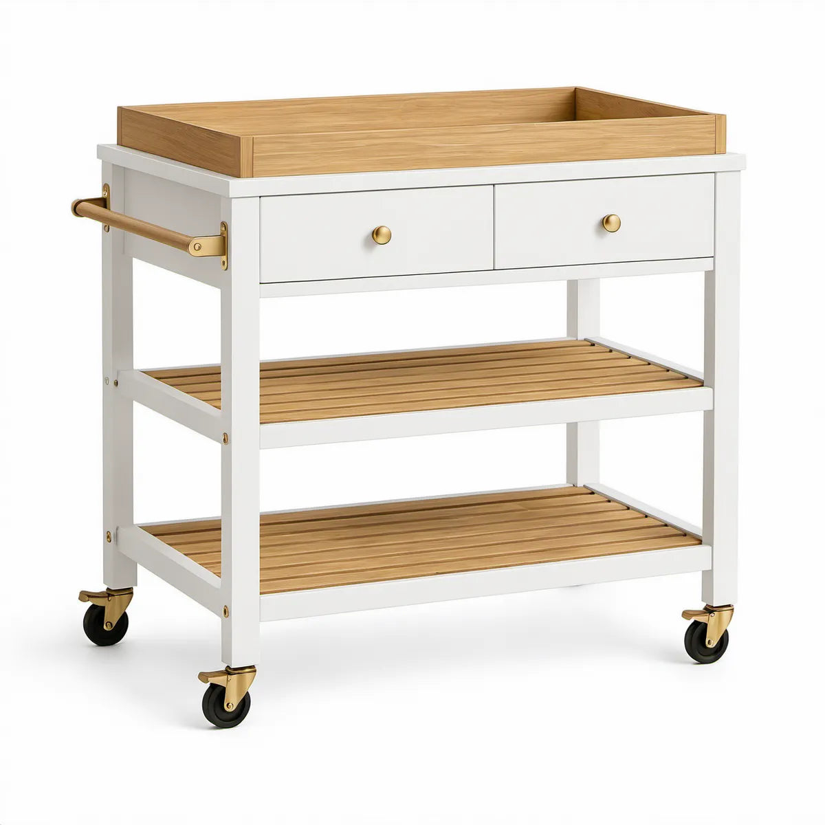 Küchenwagen aus Bambus und MDF in Weiss/Natur/Gold/Schwarz, 90 x 50 x 90 cm, mit 2 Schubladen, 2 Ablagen und Rollen