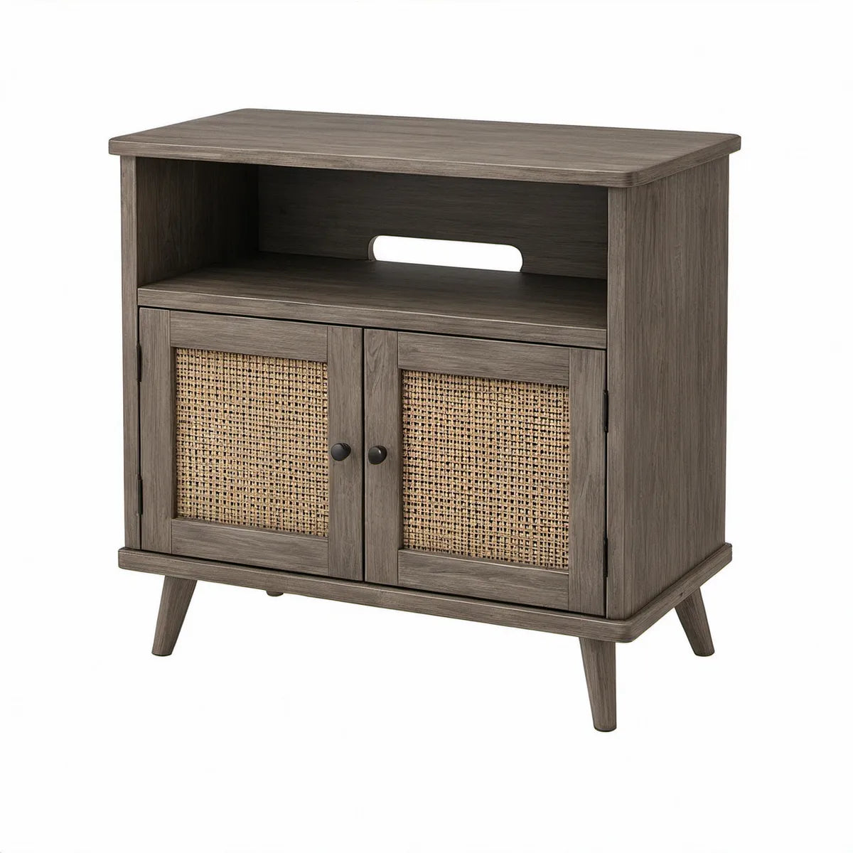 TV-Schrank mit 2 Türen, Rattangeflecht, Graubraun/Natur/Schwarz, 80 x 40 x 80 cm