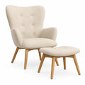 Ohrensessel-Set mit Fusshocker, 80 x 73 x 105 cm, Bouclé in Creme, Eichenholz Natur